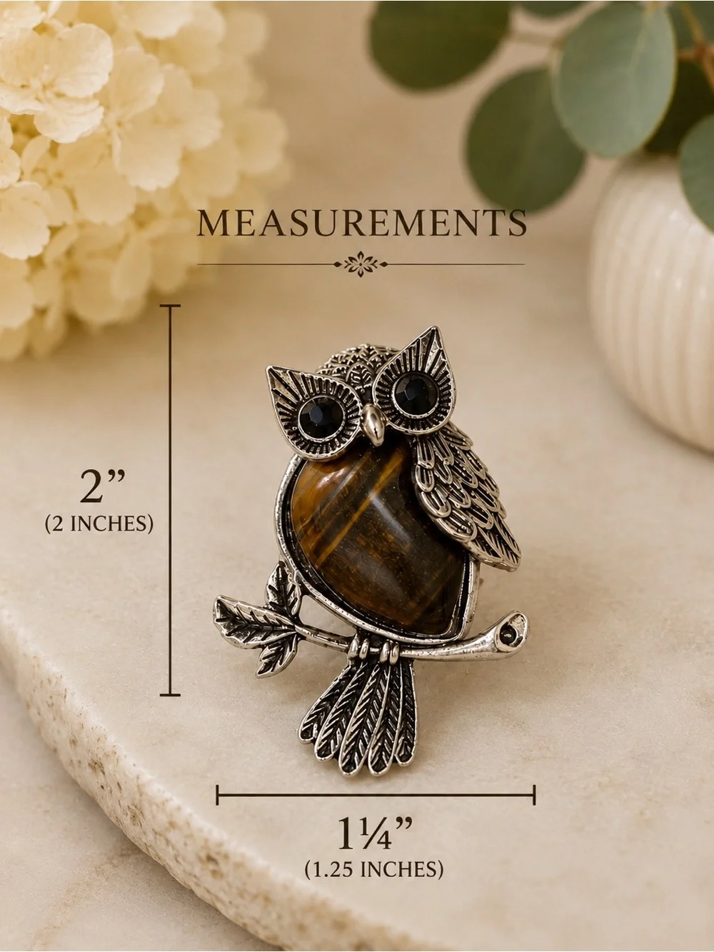 Owl Pendant or brooch with Tiger Eye Stone - Silver Tone